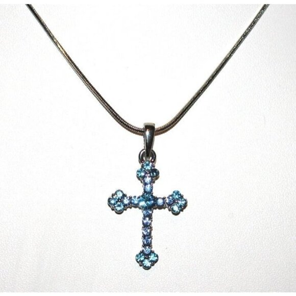 Crystal Cross Necklace Jewelry - Girls Small Blue Crystal 1 1/4" x 3/4" Cross Silver Chain Necklace 17"+ 3" Ext.